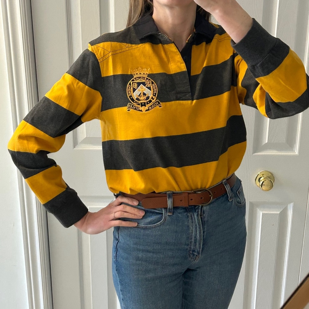 VINTAGE Striped Rugby Shirt Dark Grey Gold Size Large